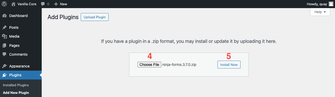 image of the WordPress Add New Plugin screen after the Upload Plugin button has been clicked with Choose File and Install Plugin highlighted